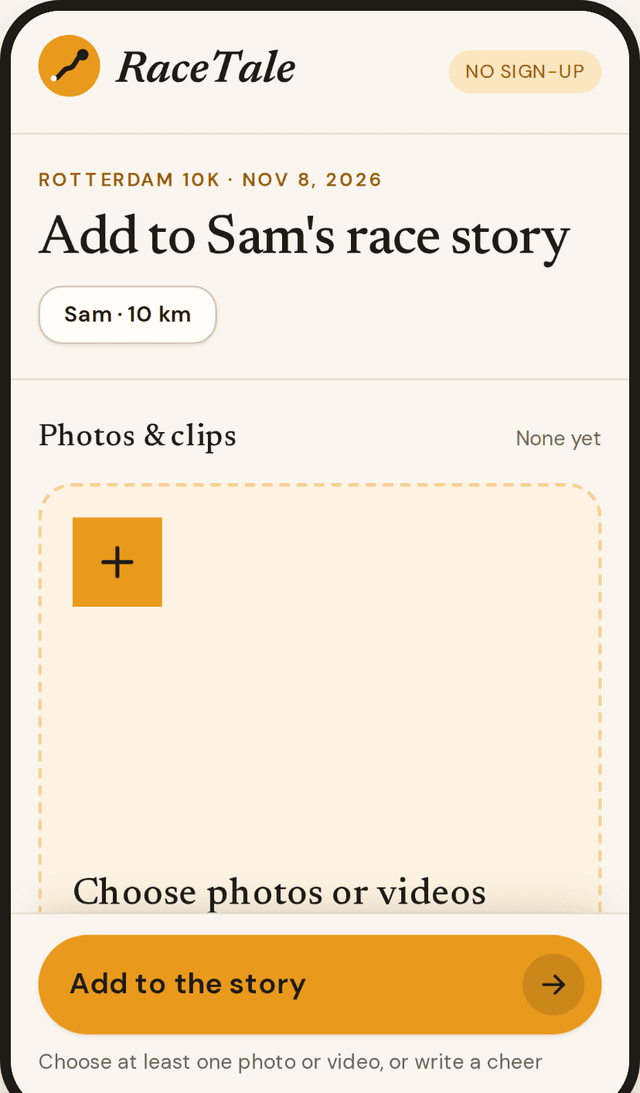 The page a friend sees after opening the runner's link, with a button to add photos and clips