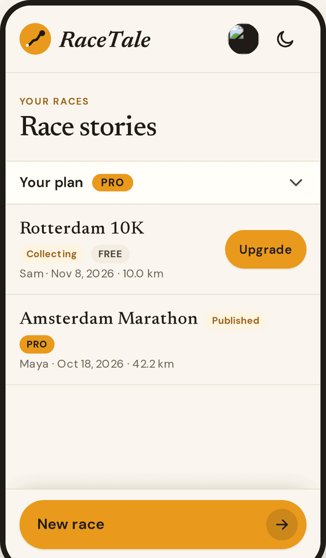 The RaceTale race list, where the runner decides what gets published