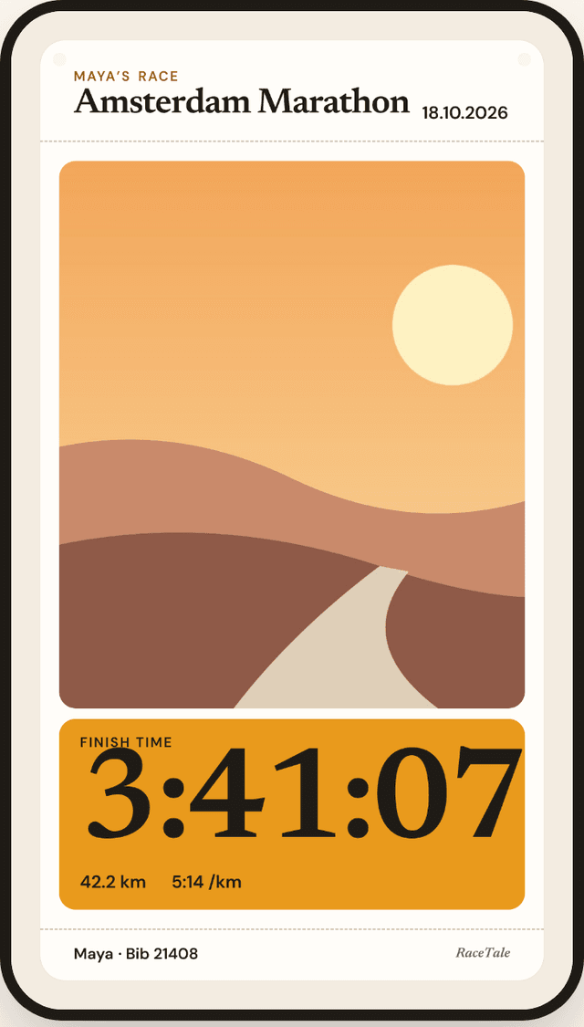A RaceTale share card with a finish time