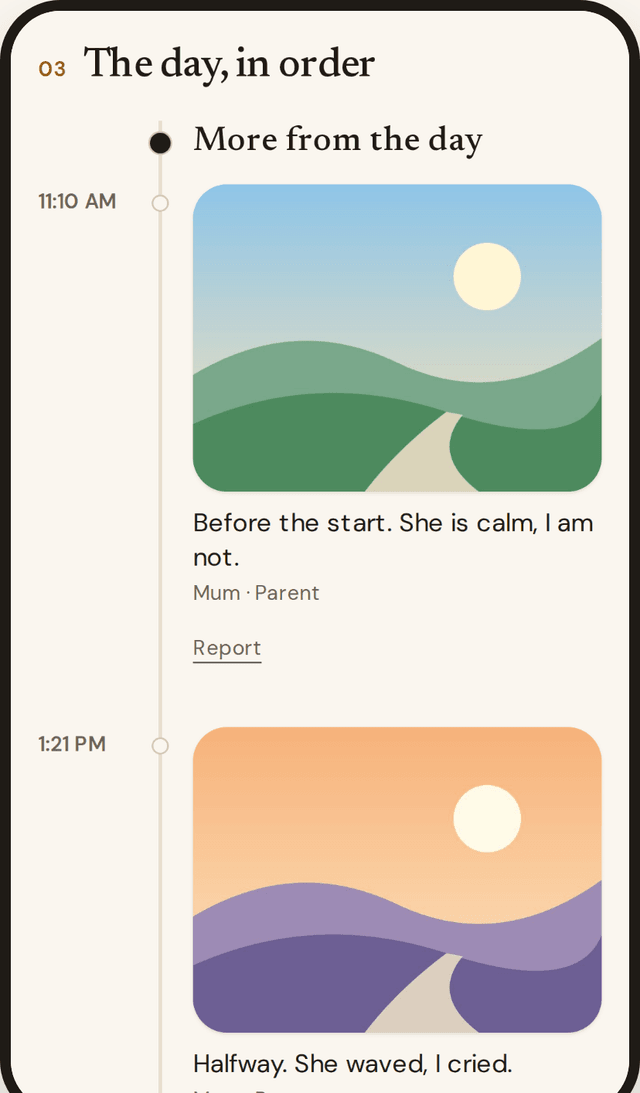 A RaceTale timeline with photos and captions in time order